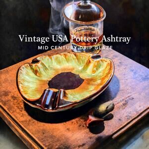 Vintage USA Pottery Ashtray Green Brown Drip Glaze | Mid Century Modern